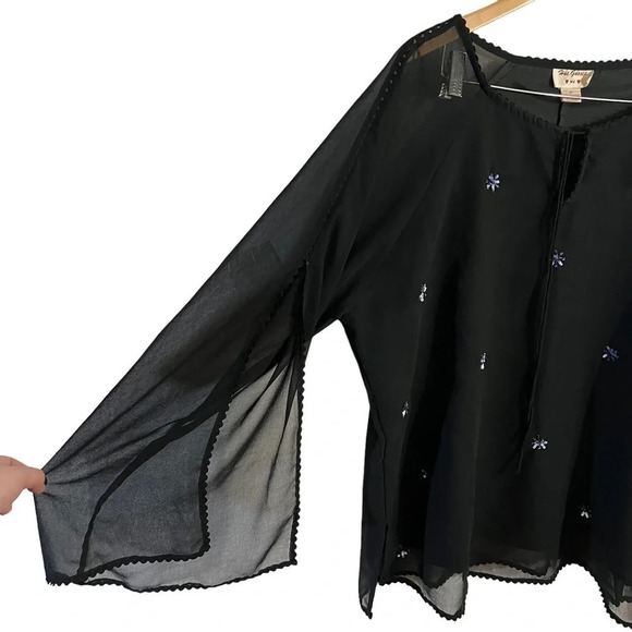 Hot Gossip Blouse 2X Black Sheer Slit Sleeve Blue Sequins Snowflakes Evening Top - Picture 4 of 9